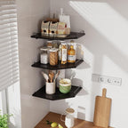 JJL Corner Shelf with Rails, 3-Tier Hexagon Floating Corner Shelf Wall Mounted, 12 Inch Black Rustic Wood Heavy Duty Wall Storage for Bathroom Kitchen Living Room Bedroom