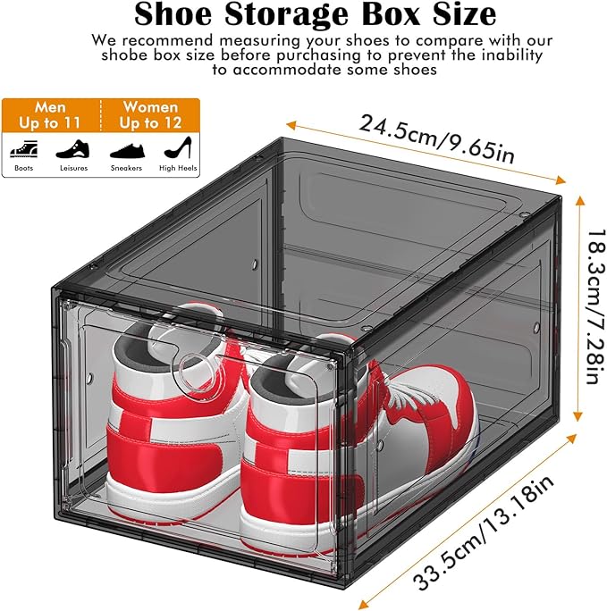 12 Pack Upgrade Harder Shoe Organizer, Shoe Storage with Magnetic Front Door, Clear Shoe Boxes Foldable Space-Saving Shoe Rack for Sneaker Boot Container, Black
