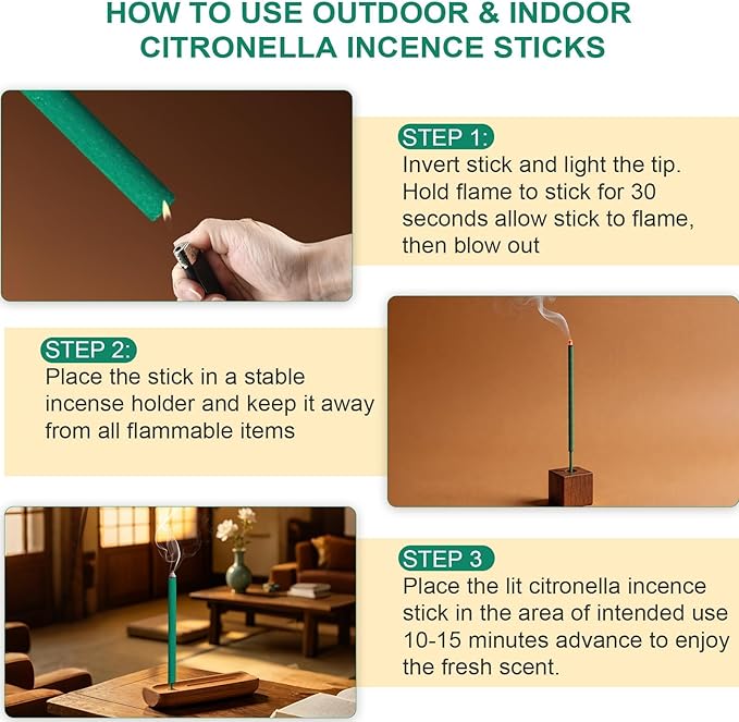 FIRIK Large Citronella Incense Sticks Outdoor, Thick Citronella Incense, Natural Lemongrass Incense Sticks for Home Pool Side Garden, Patio, Camping Trips, Porches, Courtyards, Farm, Backyard, 12 PCS