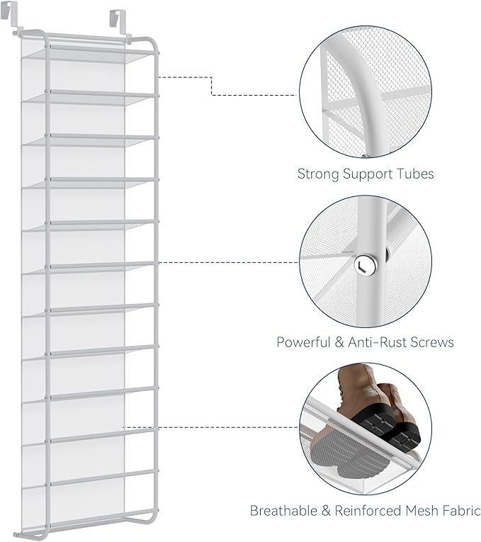 Whitmor 36 Pair Over The Door Shoe Organizer, 12 Tier Hanging Shoe Organizer, Heavy Duty Metal & Mesh Shoe Holder, Hanging Shoe Rack for Closet Organizer & Storage, 69"L x 21.7"W x 7.5"H, Matt White