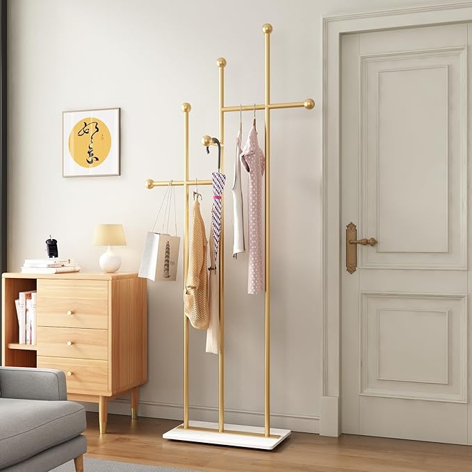 Gold Coat Racks with Marble Base Heavy Duty Clothes Rack Metal Coat Tree for Clothes Hats Scarfs Totes-19.7''L,GOLD