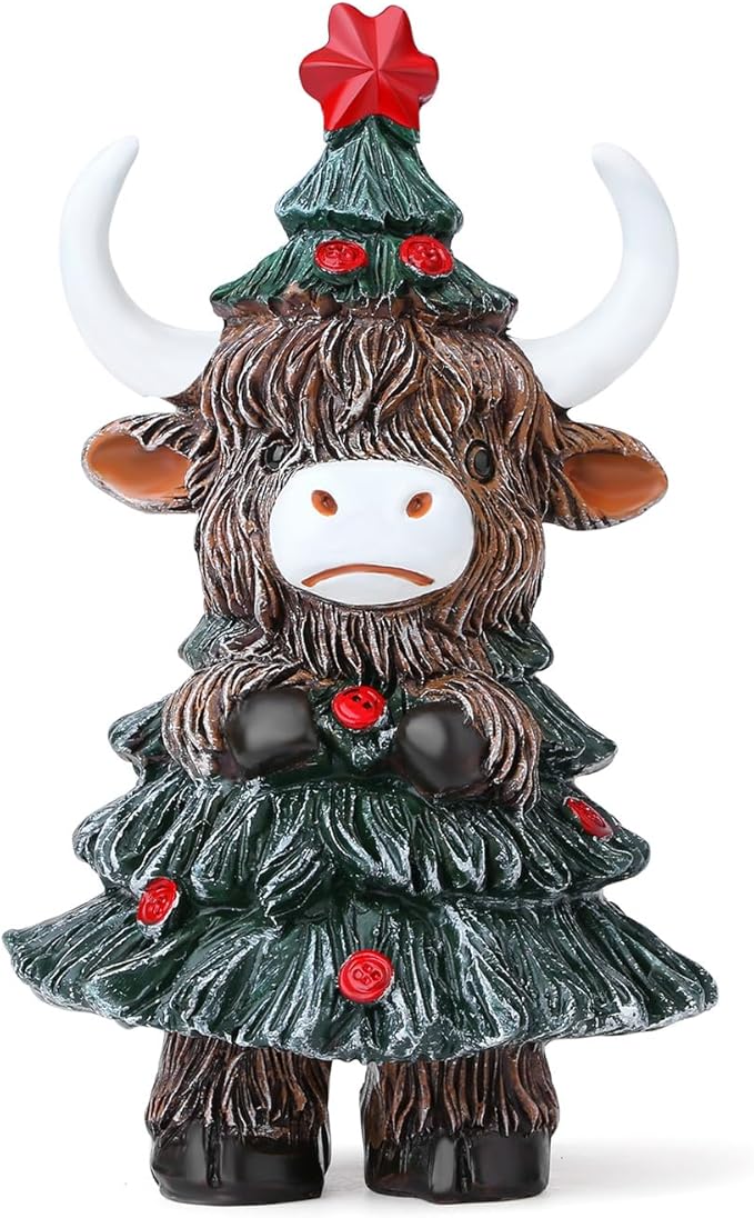 DUQGUHO Cow Christmas Ornaments Xmas Resin Ornament Statue Desk Accessories Christmas Figurines 4 Inch Mini Highland Cow Gifts for Women