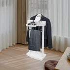 Eapmic Wooden Freestanding Clothes Stand with Sturdy Base, Multi-functional Suit Valet Stand, Coat Rack with Top Drawer, Tie Hangers, and Storage Compartments for Office, Bedroom, Living Room (White)