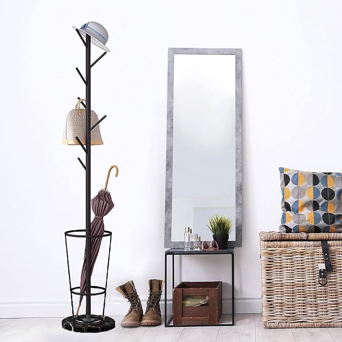 Metal Umbrella Stand with Coat Rack,Modern Umbrella Holder for Entryway,Freestanding Umbrella Rack with Marble Base,Tall Umbrella Storage for Indoor Outdoor Patio(66.9″, Black White)