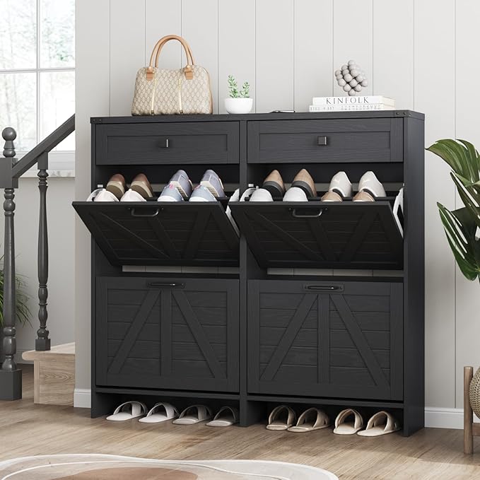 Shoe Cabinet with 4 Flip Drawers & 2 Drawers,Farmhouse Shoe Storage Cabinet for Entryway,Slim Freestanding Organizer Rack for Front Door Entrance,Black