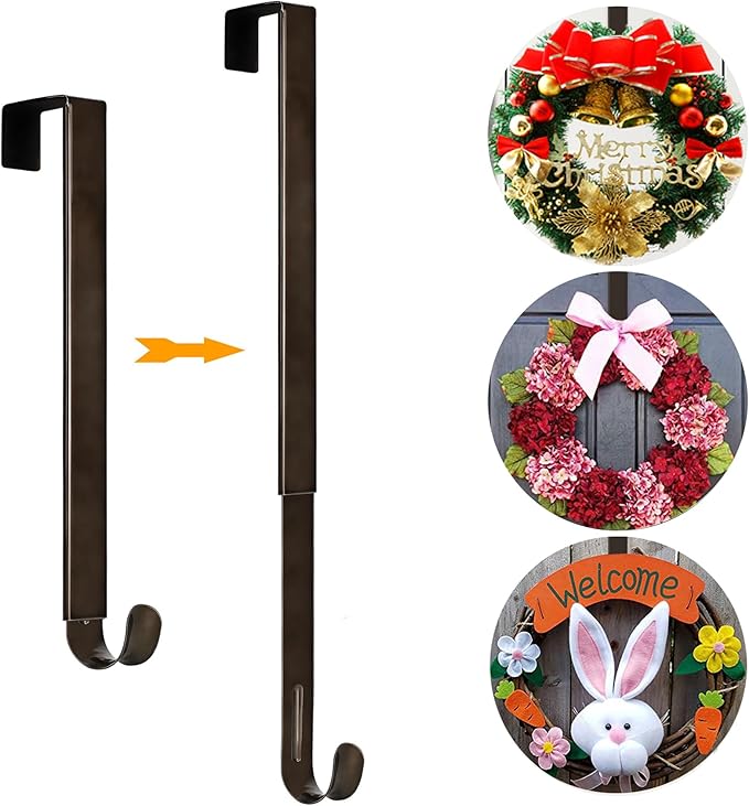 15"to 25" Wreath Door Hanger, Non Scratch Wreath Hangers for Front Door, Metal Door Wreath Hanger Hook Over the Door Hooks, Hanging Fall Easter Christmas Halloween Decor Welcome Sign- Hold Up to 20lbs