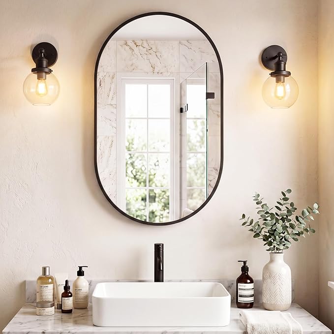 Sweetcrispy 20" x 30" Black Bathroom Mirror for Wall, Oval Wall Mirrors with Metal Frame, Tempered Glass, Modern Vanity Mirror for Over Sink, Living Room, Bedroom, Entryway, Horizontal or Vertical