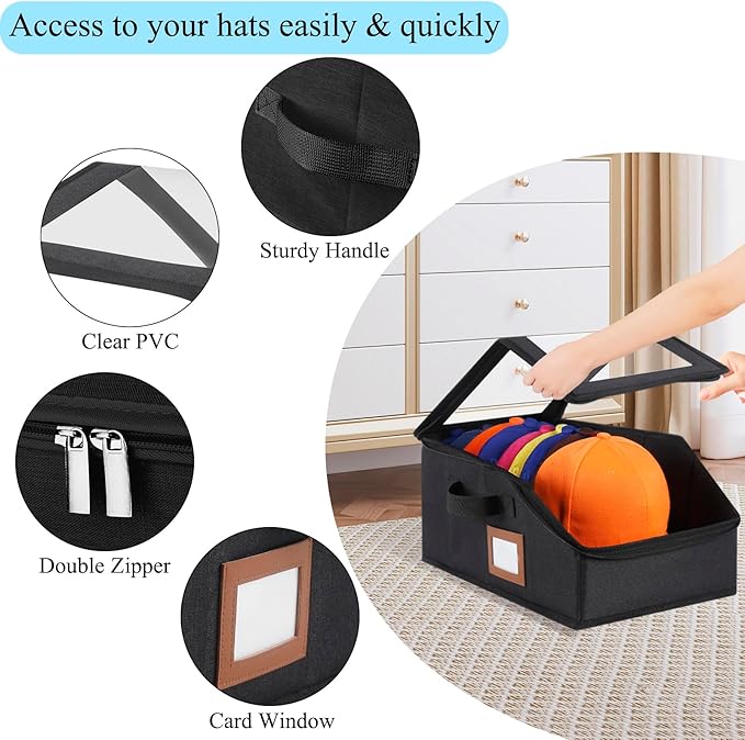 4 Pack Hat Storage for Baseball Caps-Holds Up to 56 Caps, Hat Organizer for Closet Stackable Hat Box with Cardboard, Dust-proof Beanie organizer with 2 Handles for Home Travel (Black, 4Pack-Small)