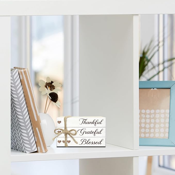 Decorative Books For Home Decor, Wood Book Stack For Table Decor, Thankful Grateful Blessed Decoration Books For Living Room Bookshelf Office, Thanksgiving Farmhouse Stacked Books Decoration (L79)