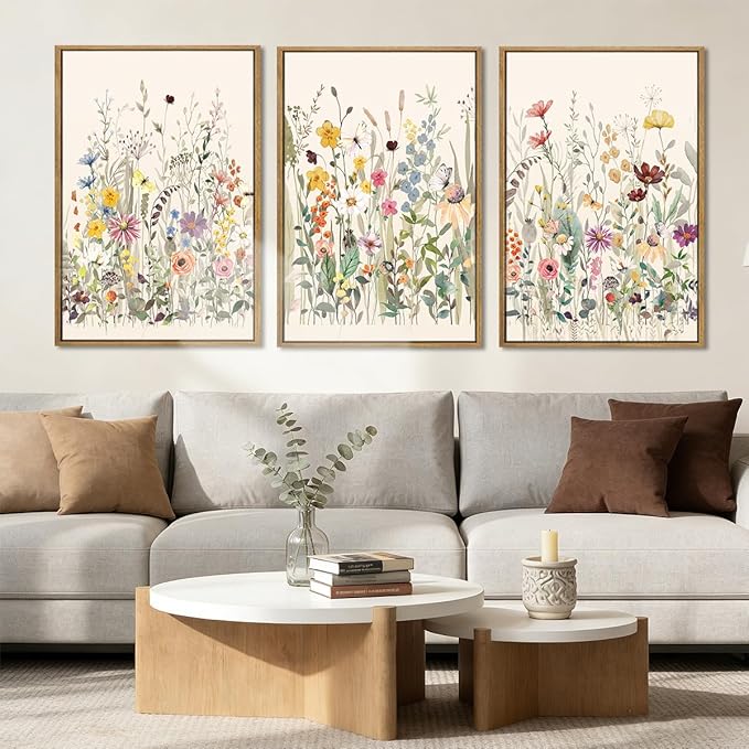 BINCUE Wildflower Wall Art Large Floral Wall Painting Neutral Print Pictures Framed Flower Wall Decor Wildflower Artwork Flowers Pictures Floral Art Prints for Living Room Bedroom Bathroom Farmhouse 24x36 Inches Set of 3 Gift