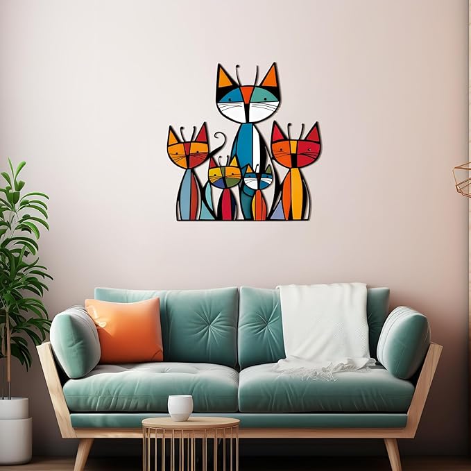 Wesiti Cat Wall Art Decor Iron Wall Sculptures Decor for Cats Lover 10.2 x 11.8 Inches Colorful Mid Century Cat Retro Signs for Home Living Room Bedroom Kitchen Office(Trendy)