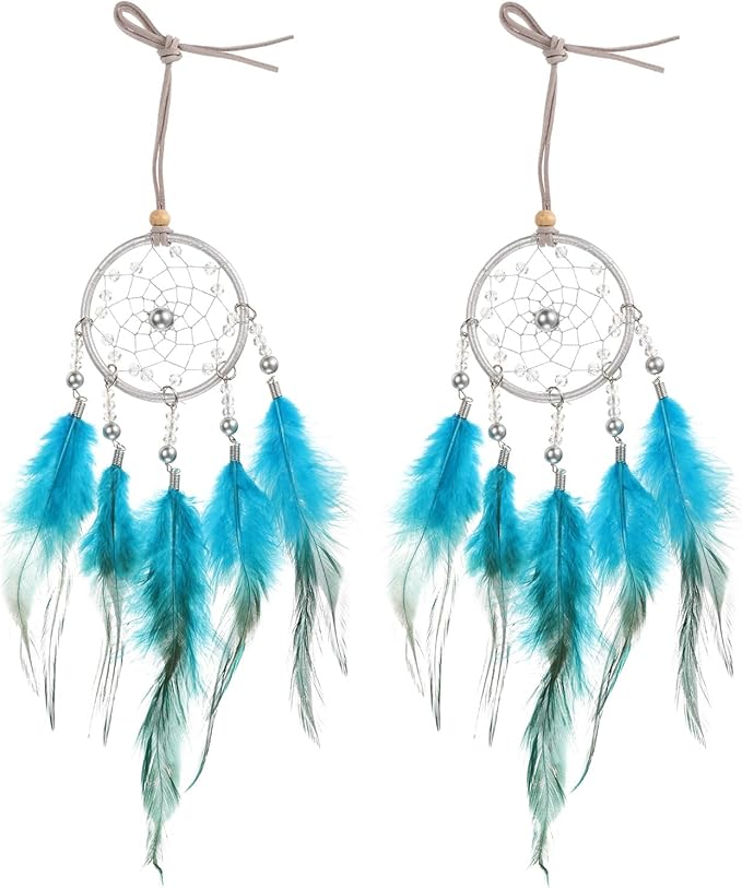 uxcell 2pcs Dream Catchers, Small Handmade Feather Dreamcatcher Supplies Car Charm with Crystal Beads Wall Hanging Decor for Home Car Decoration Ornament Women Friend Gift, Peacock Blue