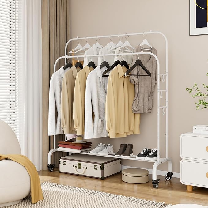 SUOERNUO Garment Rack with Wheels Clothing Rack for Hanging Clothes Multi-functional Bedroom Clothes Rack，White+Double Rods