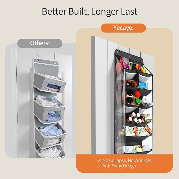 Yecaye Over the Door Shoe Organizer Hanging with Large Pockets, 8 Tier Back of Door Storage for Nursery, Closet and Bathroom, Partition Behind Door Organizers Shelf with Baby Clothes (1 Pack, Black)