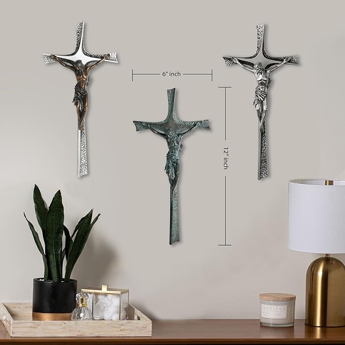 ShineOnAngel Crucifix Wall Cross, 12 Inch Bronze Patina Wall Crucifix Modern Home Decor, Hand Painted Resin Antique Style Jesus Cross for Wall Religious Housewarming Gifts