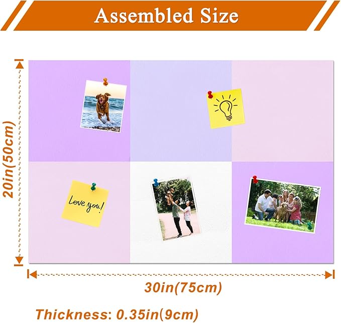 Square Felt Cork Bulletin Board Tiles, Self Adhesive DIY Felt Pin Board for Wall 30" x 20" with 35 Pushpins for Office School Home Wall Decor Stickers Memos Photos Display (Purple+Pink)