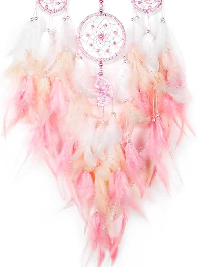 Large Dream Catchers,Crystal Life Tree,Dream Catcher for Girls,Sun Catcher,Dream Catchers for Adults,Boho Bedroom Decor,Handmade Feather Wall Decor Hanging Ornament,Hippie Gifts (Pink)