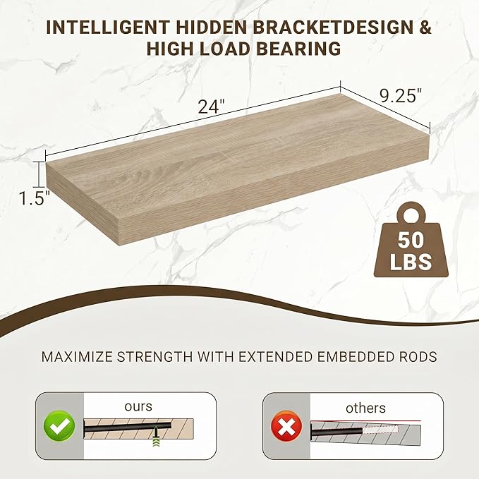 Acovy 24 Inch Floating Shelves, 3D Textured Wood Grain, 24"x9.25"x1.5" Inch Deep Floating Shelves for Wall, Wooden Shelves for Bathroom, Bedroom, Living Room, Vintage White Oak, 2 Pieces