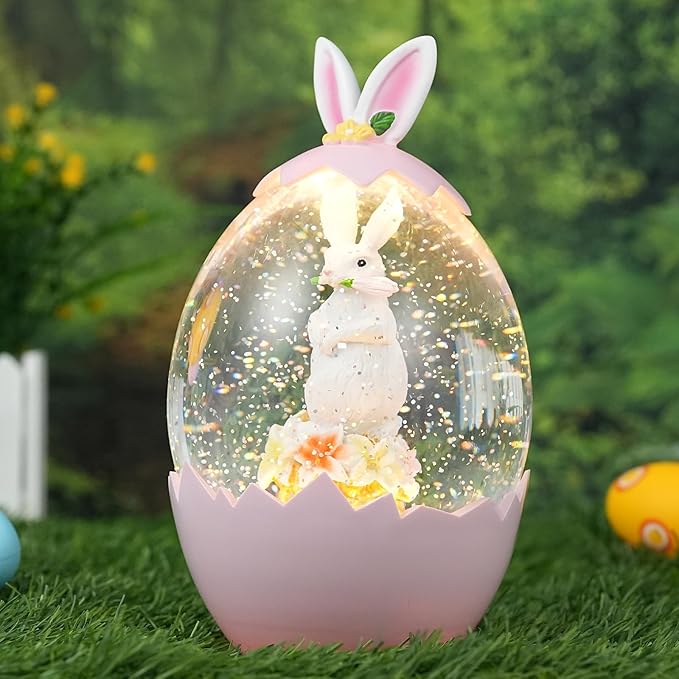 Easter Snow Globe Lantern with 6H Timer, Lighted Swirling Glitter Bunny and Eggs Decor, USB/Battery Operated Easter Decorations for Home, Spring Holiday Centerpiece or Gift