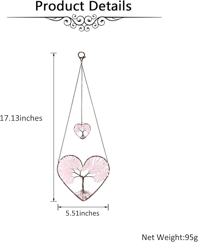 JOVIVI Tree of Life Feng Shui Crystal Heart Hanging Ornament Rose Quartz Gemstones Healing Stones Yoga Meditation Window Wall Hanger for Home Wedding Decor