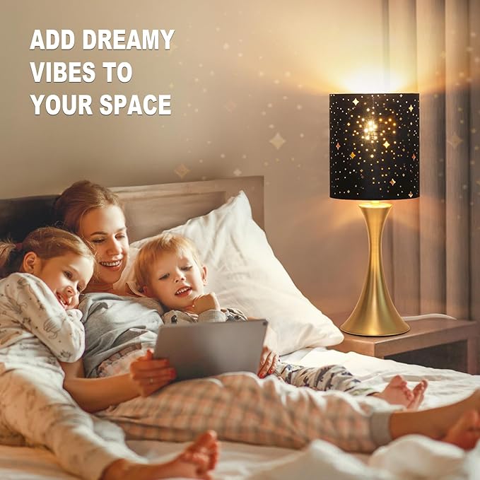 Touch Lamp for Bedroom, 3 Way Dimmable Gold Table Lamp with Black Starry Shade, Decorative Nightstand Lamp Ambient Beside Light for Living Room, Guest Room, Office 3000K LED Bulb Included