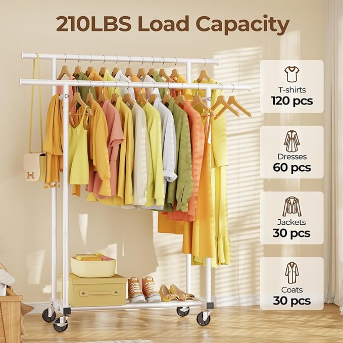 Double Rods Clothes Rack, Rolling Clothing Rack for Hanging Clothes Portable Wardrobe Rack, Metal Garment Rack Sturdy Coat Rack for Bedroom Laundry Living Room, White