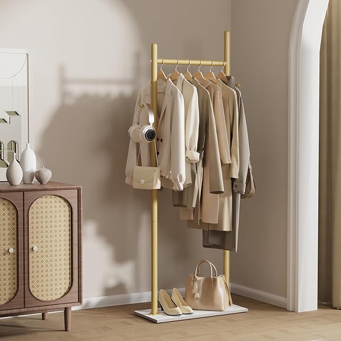 Nianerfaya Coat Hanger Stand with 2 Hooks, Standing Garment Storage for Indoor - Coat Tree for Hanging Clothes for Bedroom - 19.7" Wide Heavy Duty Clothe Rack Metal Clothing Hanger Rack (Gold)