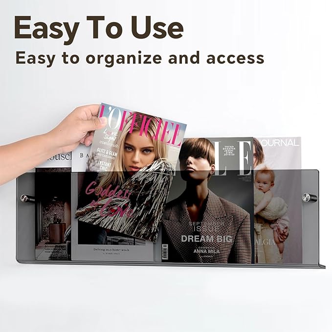2-Pack 24 Inch Black Acrylic Magazine Holder, Sleek Wall Mounted Brochure Rack & Floating Bookshelf, Modern Stylish Magazine Display for Office, Waiting Room, Living Room, Fashion Home Decor