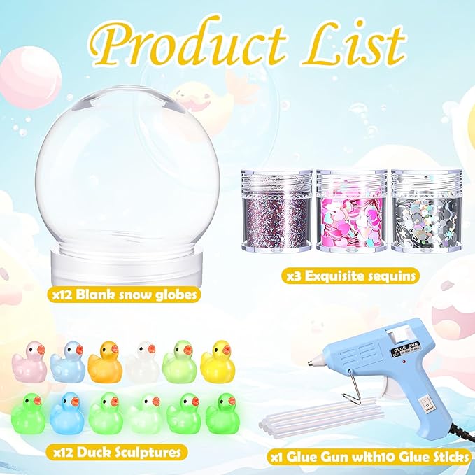 12 Sets DIY Duck Snow Globe Kit for Kids, 12 Globe Bottles, Glow in The Dark Duck Figurines, Glitter Sequins & Mini Hot Glue Gun, Summer Fun Craft Activity Set, Birthday Party Favor Gift