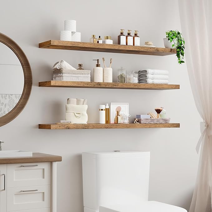 RALGEND Floating Shelves for Wall, 1.5" Thick Wall Shelf Set of 3 with Invisible Bracket, L47.2 x W7.9 Hanging Shelves Farmhouse Home Decor for Bathroom, Living Room, Bedroom, Rustic Brown 12301BJP3BF
