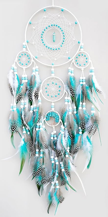 Large Dream Catchers,Boho Handmade Woven Turquoise Dream Catcher Wall Hanging Ornament for Bedroom Living Room Apartment Wedding Party Decor, Festival Blessing Gift (White+Turquoise)