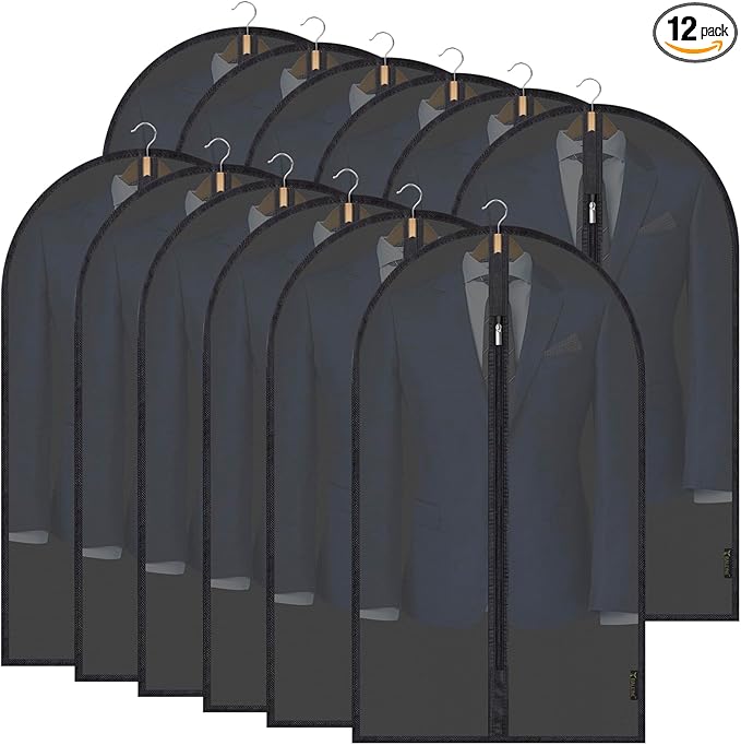 BALEINE 40'' Translucent Garment Bags, 12 Packs PEVA Dress Bag for Closet Clothes Dresses Suit Coats Storage (Black, 12PK)