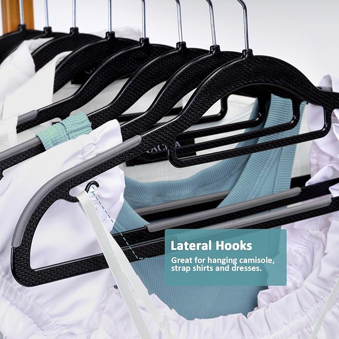 Heavy Duty Plastic Hangers 50 Pack, Space Saving Clothes Hangers, Non-Slip, 0.2 Inches Slim, 360° Swivel Silver Hook for Shirts, Sweaters & Pants, Black and Dark Gray