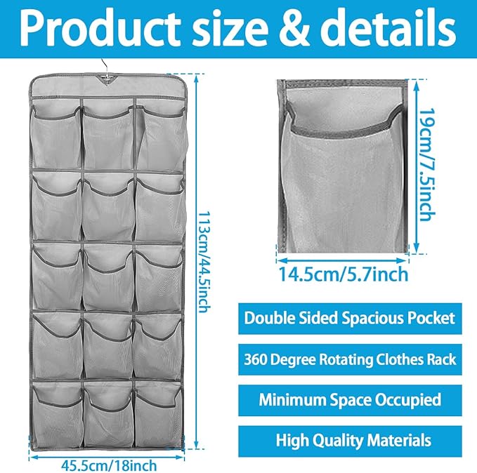 2Pcs 30 Large Pockets Dual Sided Hanging Shoe Organizer for Closet Shoe Storage Shelves with 360 Rotating Hanger Space Saving Storage Bag Hanging Shoe Rack for Bedroom Laundry Room,Gray