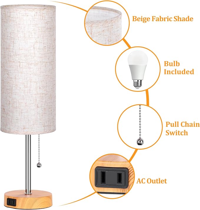 Dott Arts 18" Table Lamp for Bedroom, 3-Color Bedside Lamps with Pull Chain, Bedroom Table Lamps for Nightstand,AC Outlet Small Lamp for Living Room, Bulb Included Wood