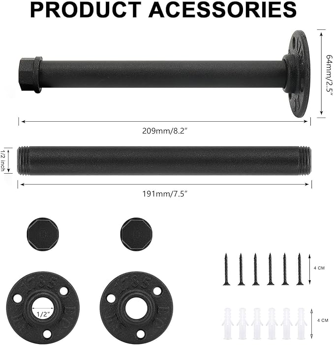 2 Pcs 8 Inch Industrial Pipe Clothes Rack DIY Wall Mounted, Heavy Duty Rustic Vintage Clothing Rod, Metal Garment Bar Multi-Purpose Hanging for Bedroom, Bathroom, Cabinet and Laundry Room