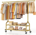 EAGMAK Heavy Duty Clothes Rack Load 556 LBS, Rolling Clothing Rack With Shelves, Height Adjustable Metal Clothes Hanger with Wheels Portable Wardrobe Organizer Garment Rod for Hanging Clothes (Gold)