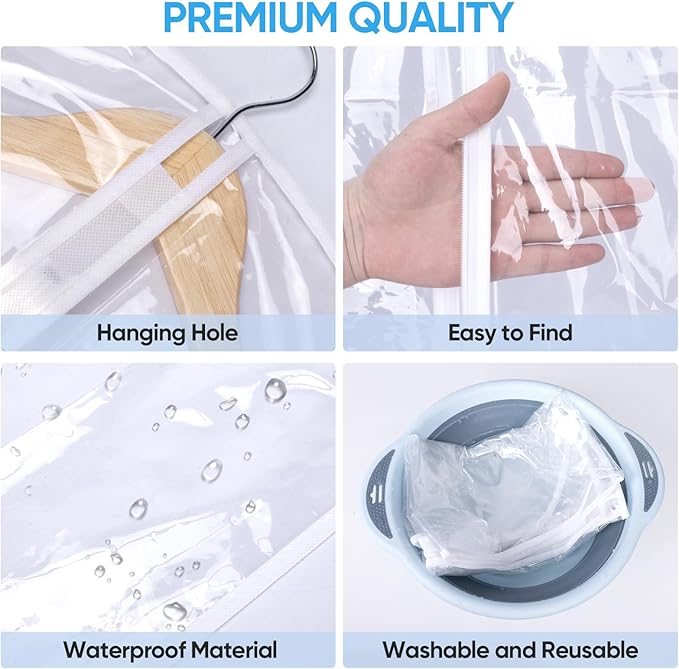 BALEINE 48'' Clear Garment Bags, 2 Packs PEVA Dress Bag for Closet Clothes Dresses Suit Coats Storage (Clear, 2PK)
