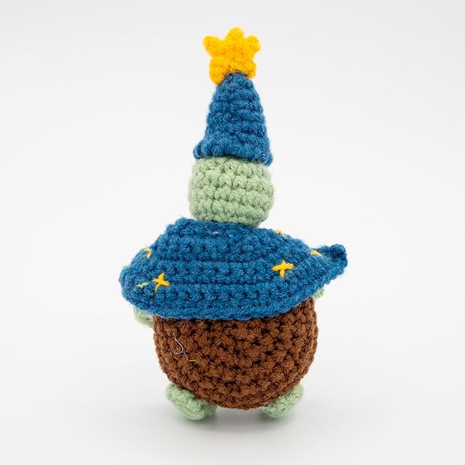 Handcrafted Crochet Witch Doll, Small 2.5x1.5x4 Inch Decorative Plush Figure, Yarn Material, Magical Theme, Inspirational Signs, for Ages 13+ (Turtle Wizard)