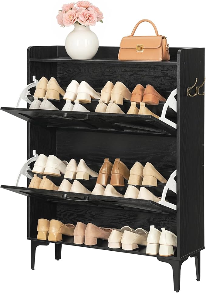 Shoe Storage Cabinet, Shoe Organizer with 2 Flip Drawers, Hidden Shoe Storage for Entryway, Freestanding Shoe Cabinet Organizer with Open Storages, Black SHHB9401