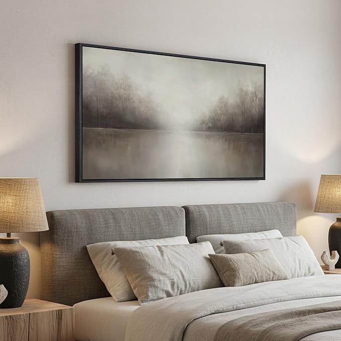 Framed Abstract Landscape Wall Art for Living Room, Extra Large Brown Misty Lake Trees Canvas Artwork for Walls, Horizontal Minimalist Wabi Sabi Painting Print for Bedroom Office Wall Decor, 30x60 In