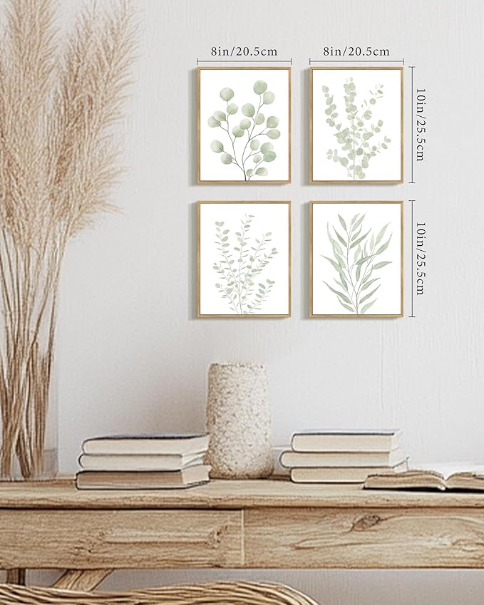 Drsoum Botanical Plant Framed Wall Art Boho Wall Decor for Bathroom Sage Green Eucalyptus Leaf Prints Minimalist Aesthetic Ready to Hang Set of 4, 8x10 in (Natural Framed)