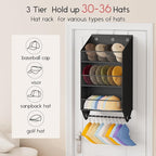 Over the Door Hat Rack - 3-Layer Design Hat Organizer Holds 30-36 Hats with 10 Hooks, Ideal Hat Rack for Door, Over the Door Organizer for Closet, Apartment, Bedroom, Dorm, 1 Pack, Black