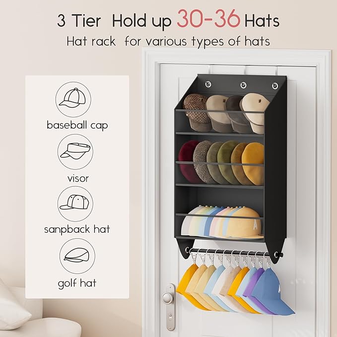 Over the Door Hat Rack - 3-Layer Design Hat Organizer Holds 30-36 Hats with 10 Hooks, Ideal Hat Rack for Door, Over the Door Organizer for Closet, Apartment, Bedroom, Dorm, 1 Pack, Black