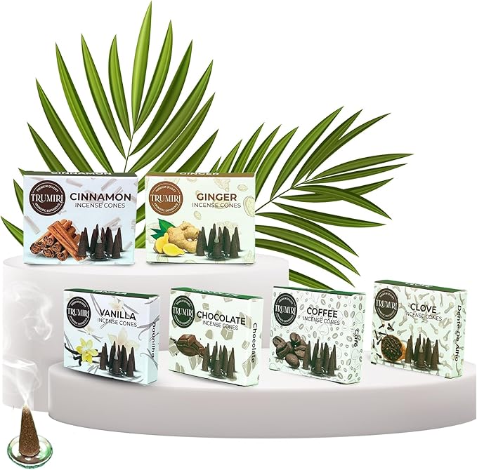 TRUMIRI Gourmet Incense Cones - Variety Pack - Total 60 Cone Incense (6 Scents x 10 Conos) - Vanilla, Cinnamon, Coffee, Chocolate, Clove, Ginger - Cone Incense Scents - Insense Cones - Incent Cone