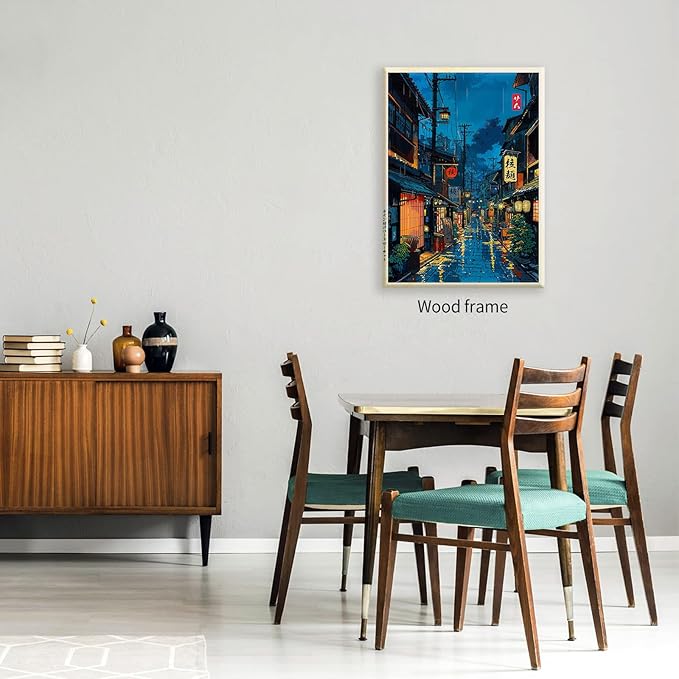 Japanese Tokyo Tea House Framed Canvas Wall Art Japanese City Street Cafe Scene Picture Print Modern Ukiyo-e Decor Poster for Japanese Home Bedroom Decorations Artwork20x30in
