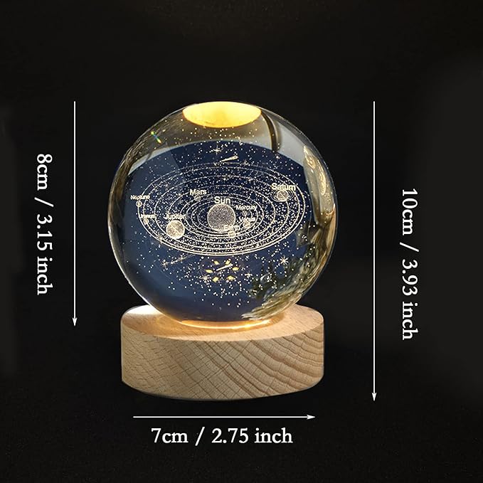 3.15" (80mm) Solar System Crystal Ball 3D Sun System Planets Model Globe with Wooden Base Home Decorative Ornament Astronomy Gifts for Lover Girlfriend