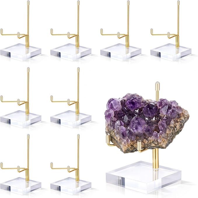12 Pcs Crystal Display Stand, 2 x 2 x 3.5 Inch Gold Rock Crystal Stand with Acrylic Base Adjustable Metal Arm Display Stands for Mineral, Agate, Geode, Picture