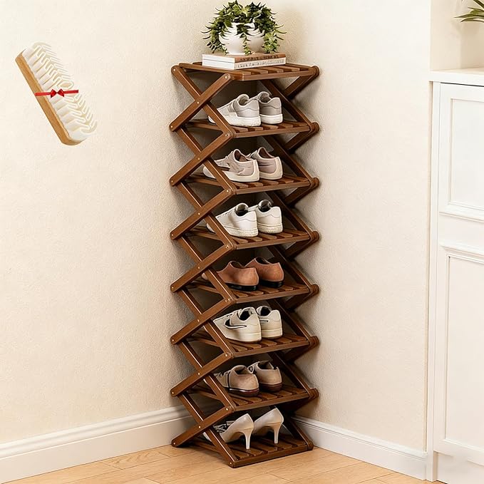 The 9-Tier No-Assembly Bamboo Rack, Folding Bamboo Shoe Rack Organizer with Collapsible Vertical Design, Space-Saving & No-Tool Assembly, for Entryways,Corners,Bedrooms,Balconies (Brown,8)