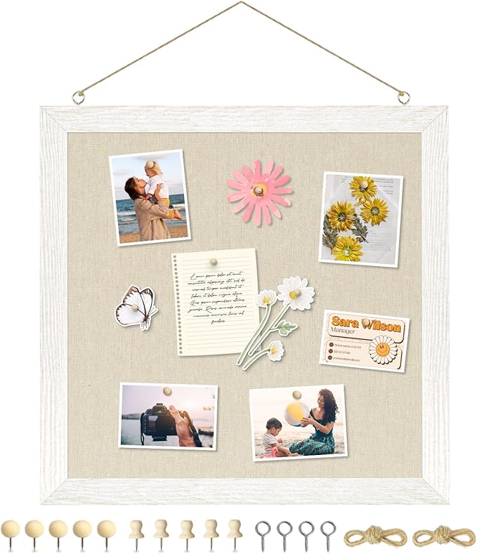 DOLLAR BOSS Bulletin Boards with Linen 1-Pack 12''X 12'' Double-Sided Cork Board for Walls Wood Framed Bulletin Boards, Small Pin Board for Home Kitchen Office Decorative Hanging 10 Pushpins